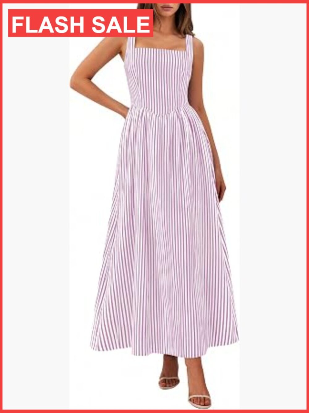 Striped Maxi Sundress Square Neck A-Line Sleeveless Smocked Back Pockets
